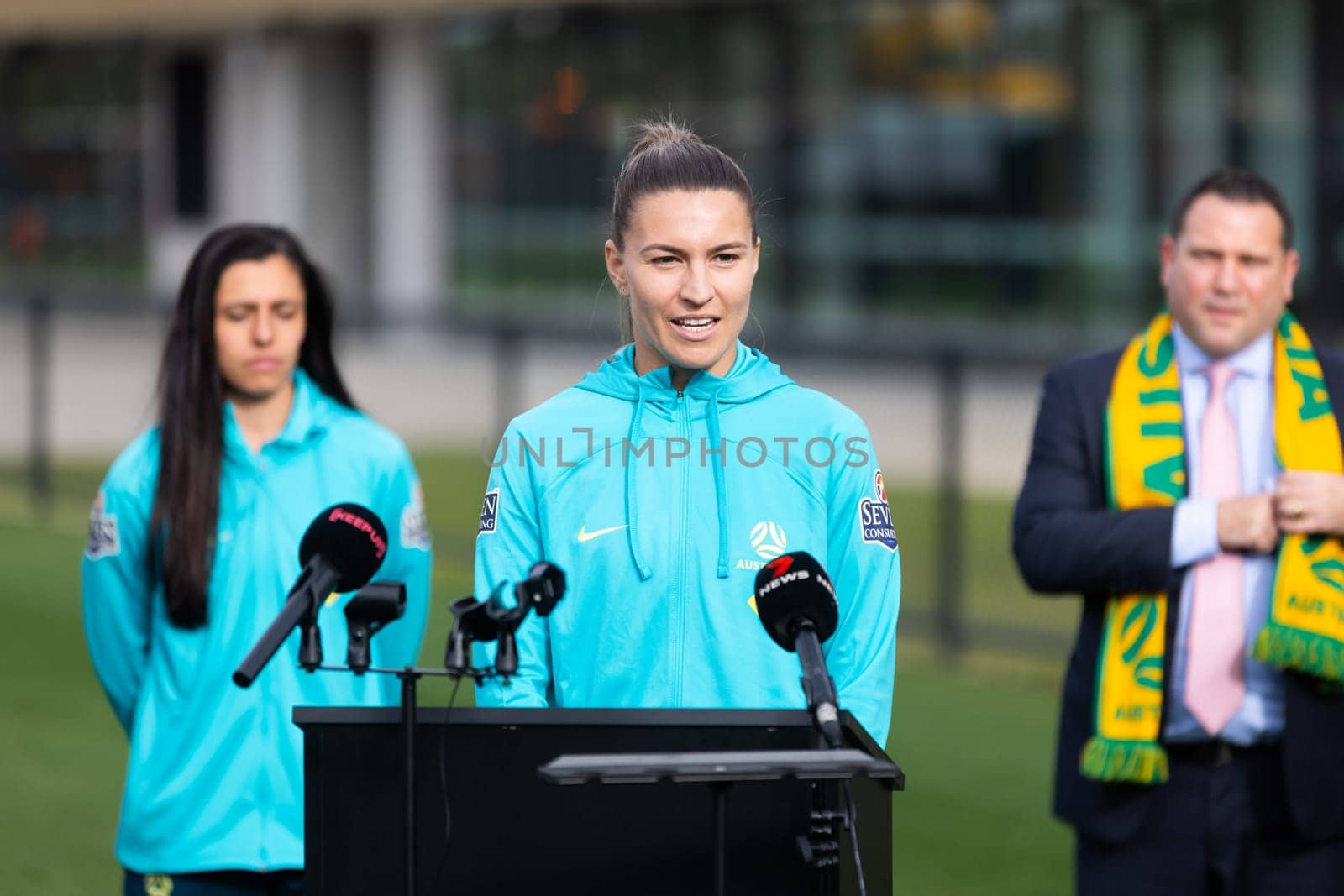 MELBOURNE, AUSTRALIA - JULY 03: Matilda Steph Catley at the official opening of the Australian Matildas training facility and FIFA 2023 Women's World Cup squad announcement at La Trobe University on July 03, 2023 in Melbourne, Australia.