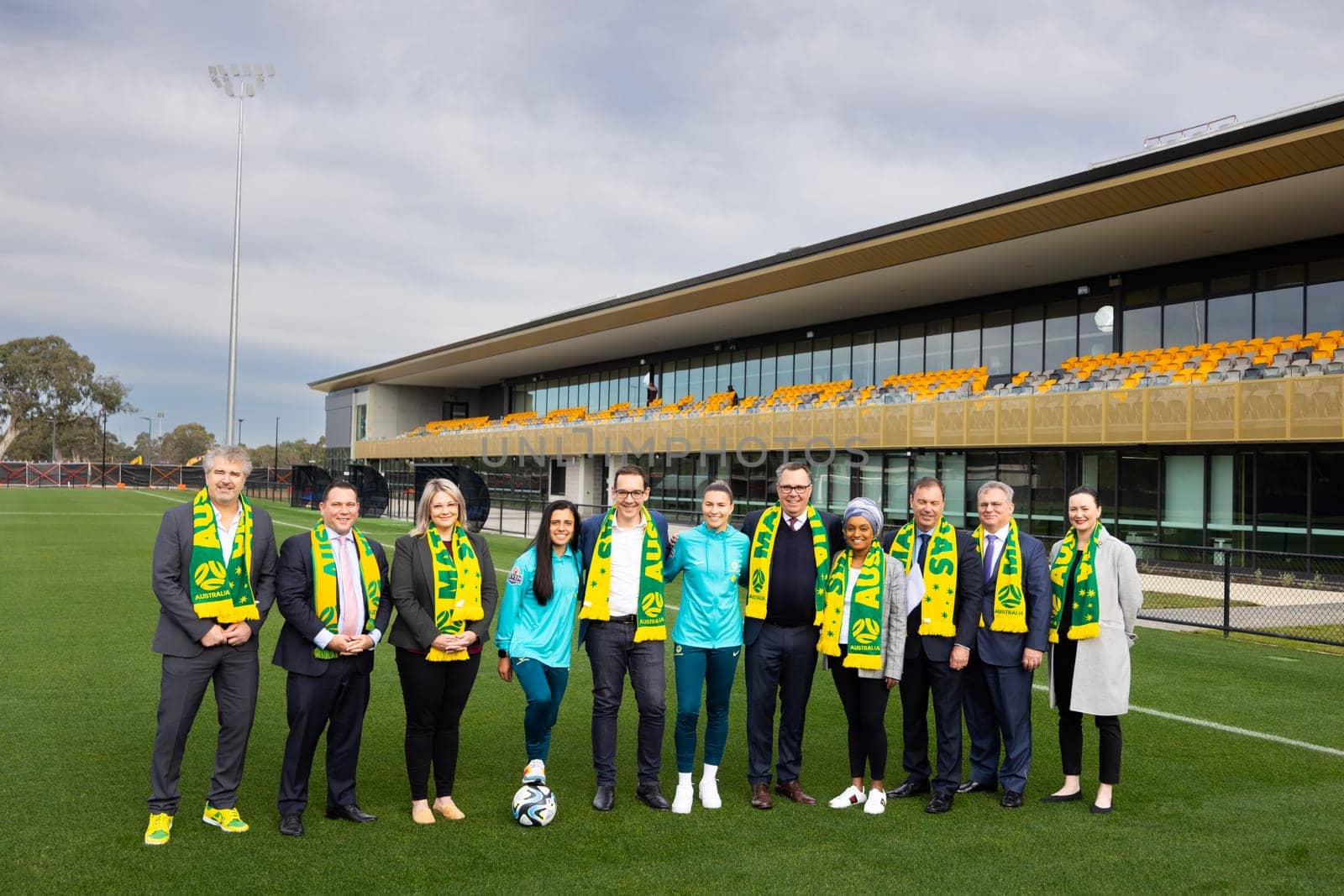 MELBOURNE, AUSTRALIA - JULY 03: Matildas Alex Chidiac, Steph Catley with Sports Minister Steve Dimopoulous and special guests at the official opening of the Australian Matildas training facility and FIFA 2023 Women's World Cup squad announcement at La Trobe University on July 03, 2023 in Melbourne, Australia.