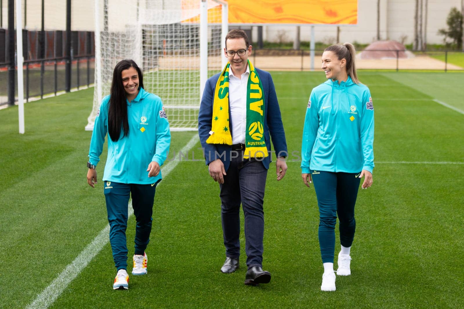MELBOURNE, AUSTRALIA - JULY 03: Matildas Alex Chidiac, Steph Catley with Sports Minister Steve Dimopoulous at the official opening of the Australian Matildas training facility and FIFA 2023 Women's World Cup squad announcement at La Trobe University on July 03, 2023 in Melbourne, Australia.