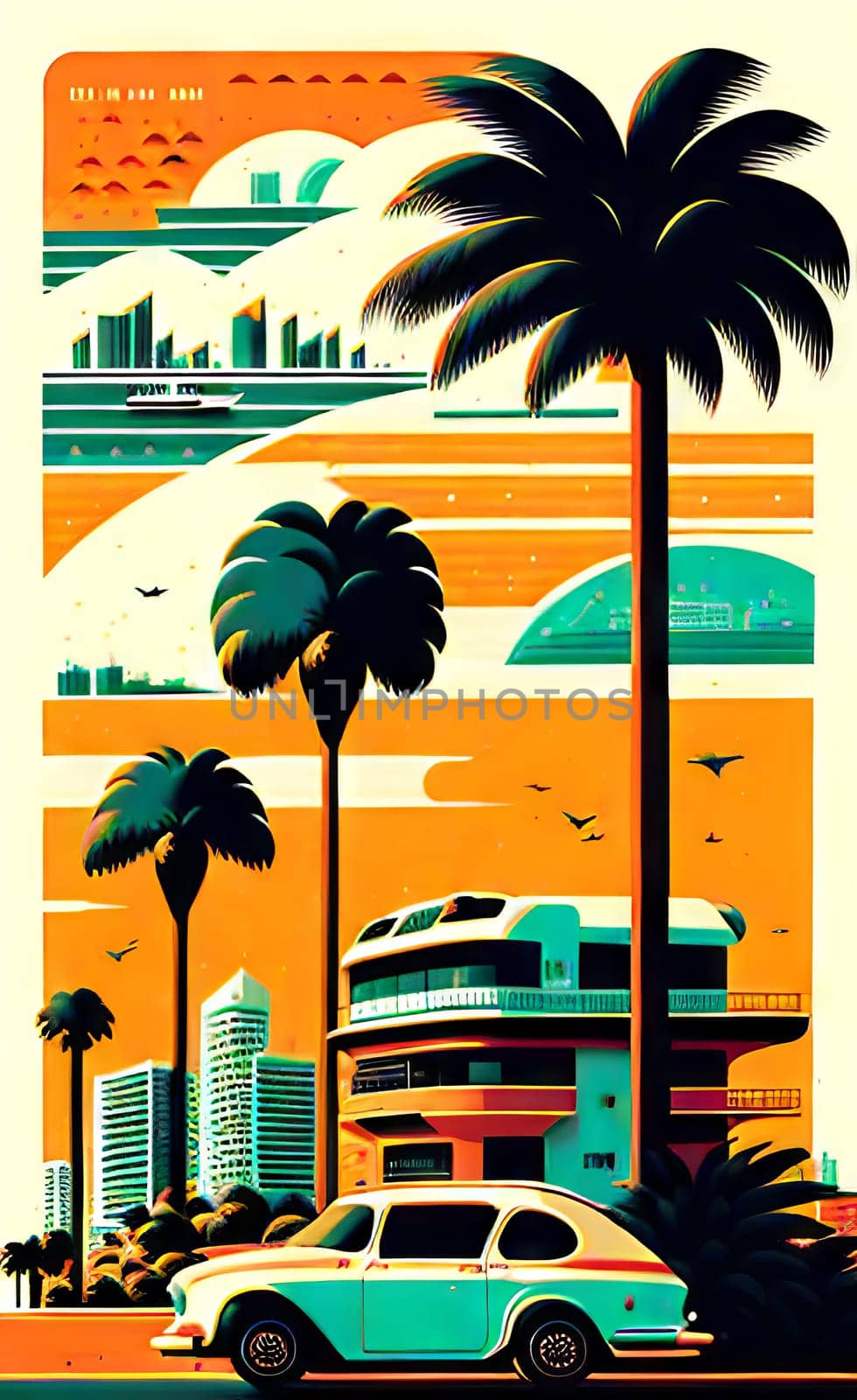 Art drawing - a city with cars and palm trees. Poster in retro style, with retro cars. Landscape of the city of Miami in a hand-drawn style. AI generation