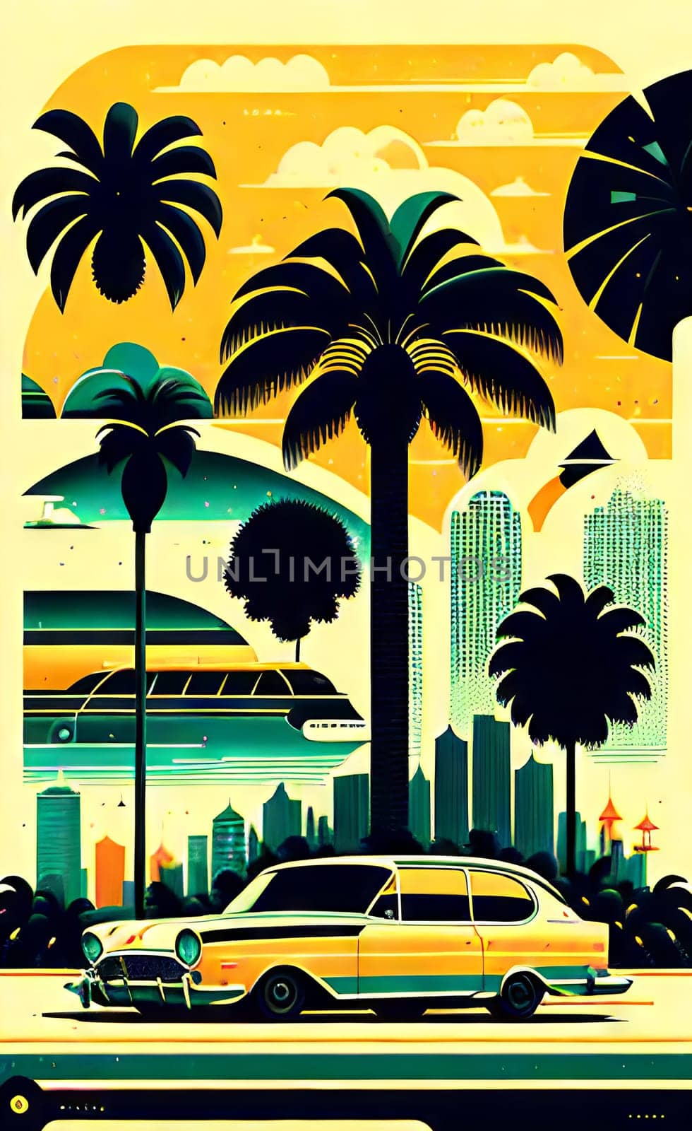 Art drawing - a city with cars and palm trees. Poster in retro style, with retro cars. Landscape of the city of Miami in a hand-drawn style. AI generation