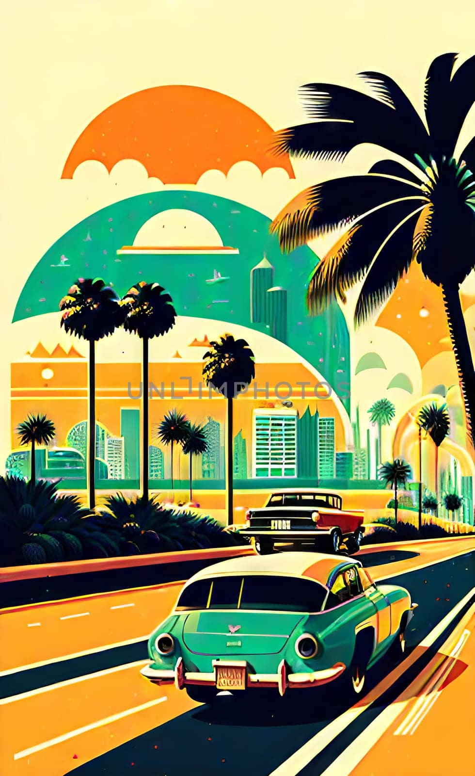 Art drawing - a city with cars and palm trees. Poster in retro style, with retro cars. Landscape of the city of Miami in a hand-drawn style. AI generation