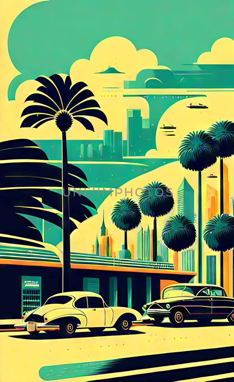 Art drawing - a city with cars and palm trees. Poster in retro style, with retro cars. Landscape of the city of Miami in a hand-drawn style. AI generation