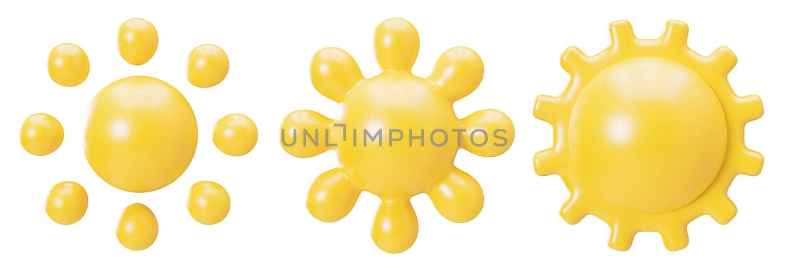Yellow 3D suns group isolated on white background. Cut out design elements. Cute cartoon style sun. 3D render