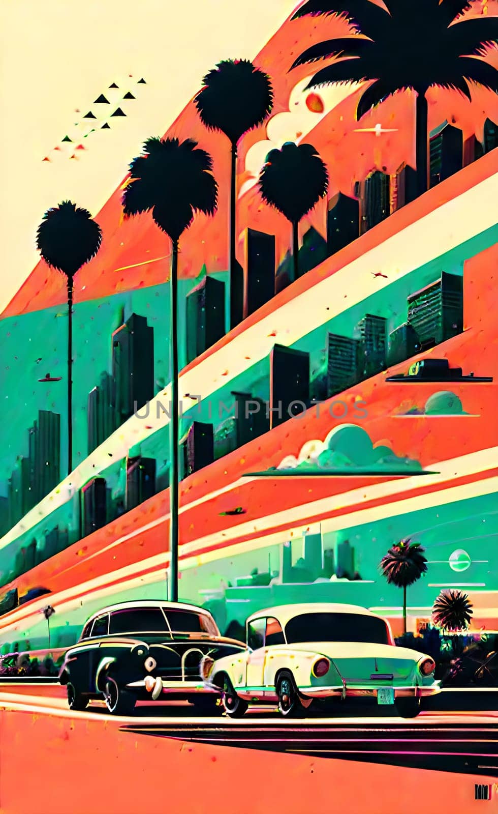 Art drawing - a city with cars and palm trees. Poster in retro style, with retro cars. Landscape of the city of Miami in a hand-drawn style. AI generation