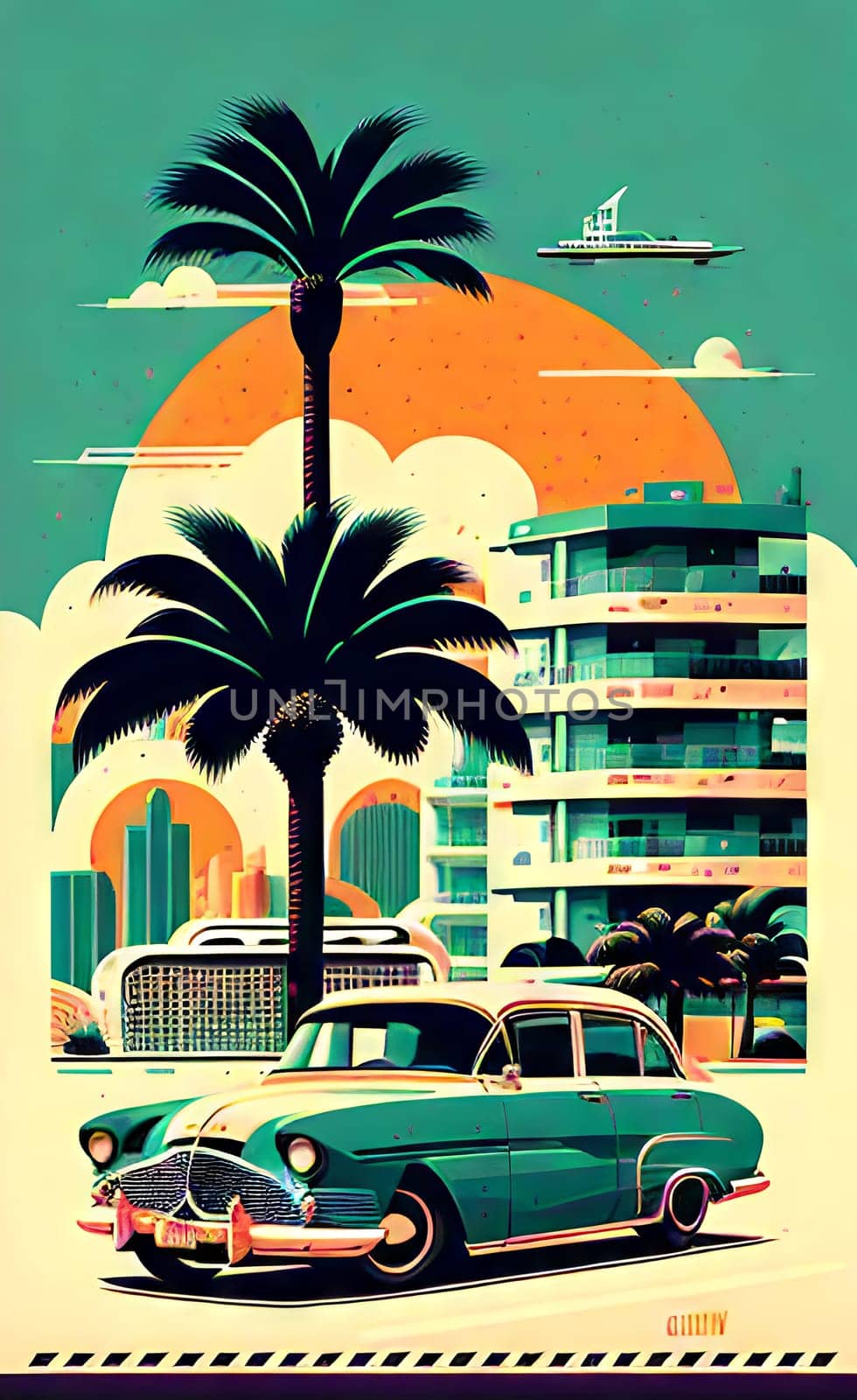 Art drawing - a city with cars and palm trees. Poster in retro style, with retro cars. Landscape of the city of Miami in a hand-drawn style. AI generation