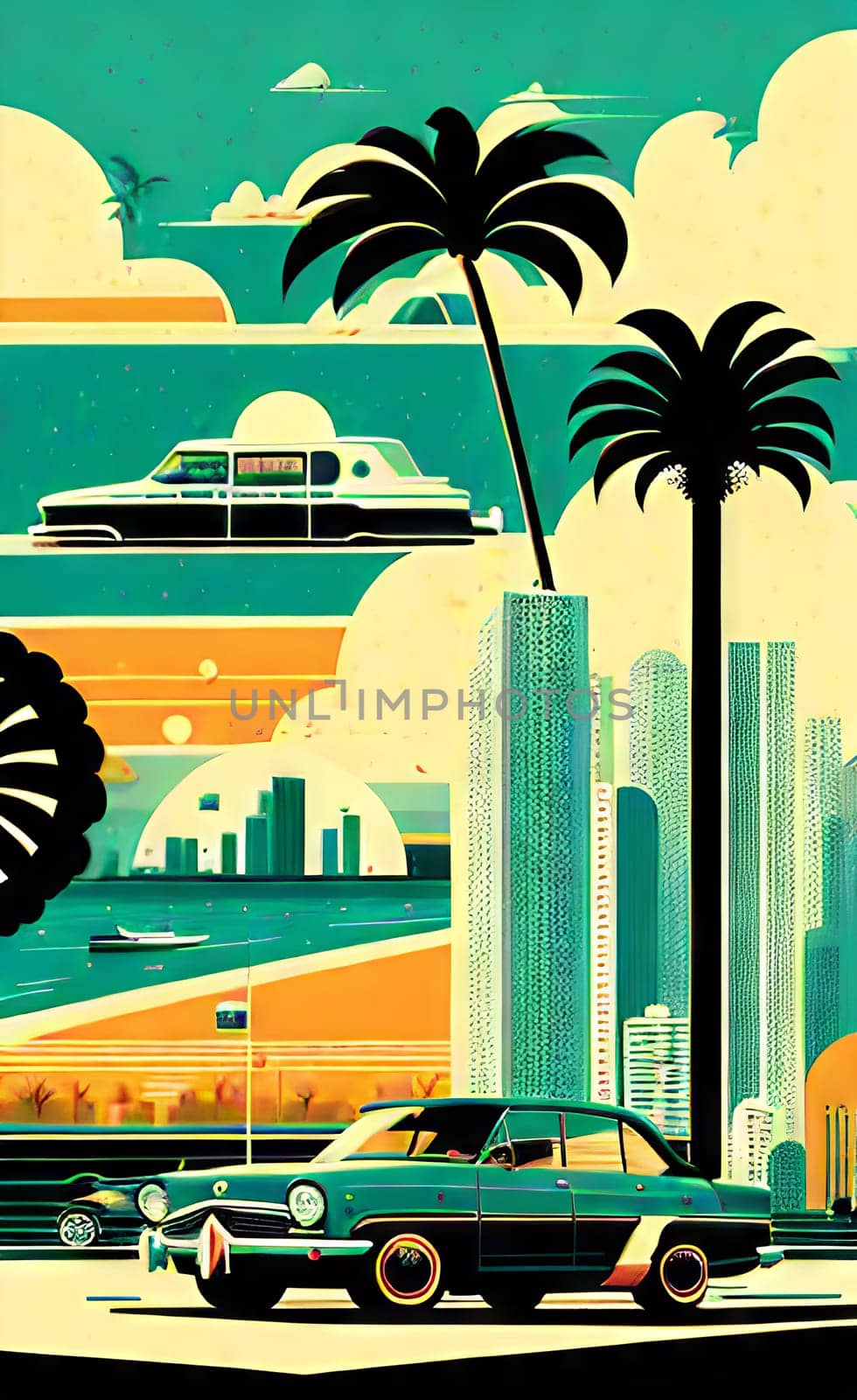 Art drawing - a city with cars and palm trees. Poster in retro style, with retro cars. Landscape of the city of Miami in a hand-drawn style. AI generation