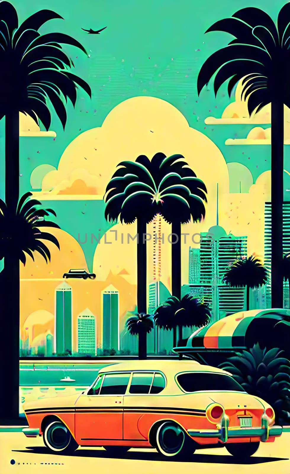 Art drawing - a city with cars and palm trees. Poster in retro style, with retro cars. Landscape of the city of Miami in a hand-drawn style. AI generation