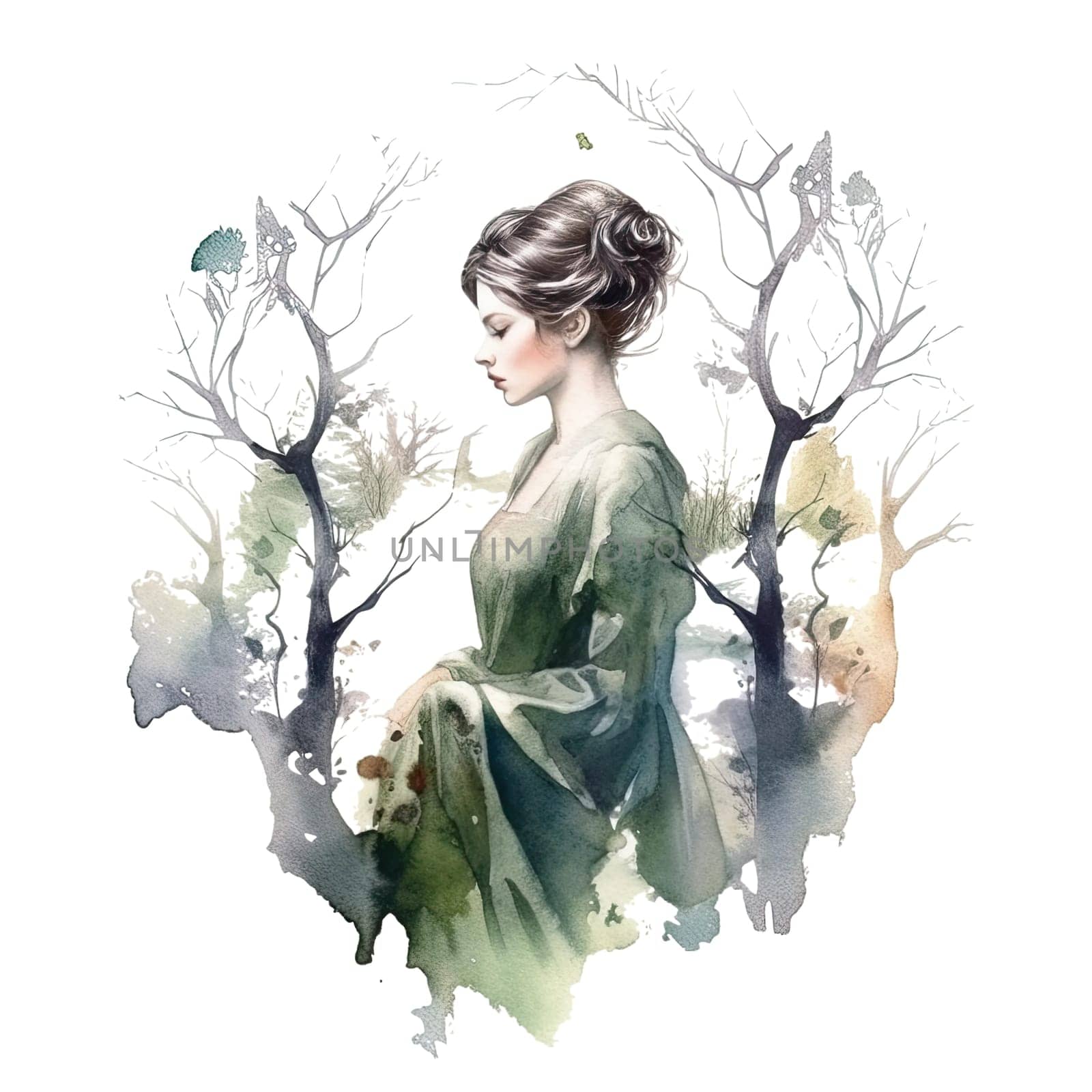 Watercolor illustration of portrait of an elegant lady in traditional 19th century Victorian clothing on transparent background. by jbruiz78