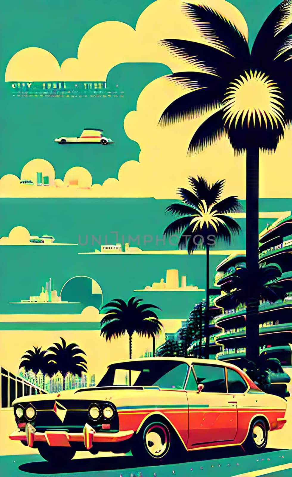 Art drawing - a city with cars and palm trees. Poster in retro style, with retro cars. Landscape of the city of Miami in a hand-drawn style. AI generation