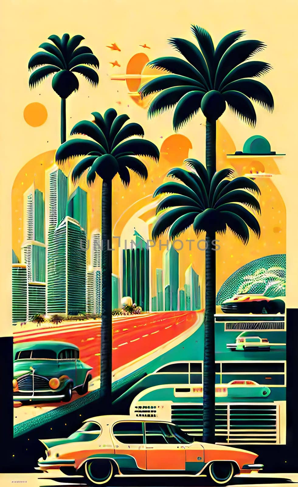 Art drawing - a city with cars and palm trees. Poster in retro style, with retro cars. Landscape of the city of Miami in a hand-drawn style. AI generation