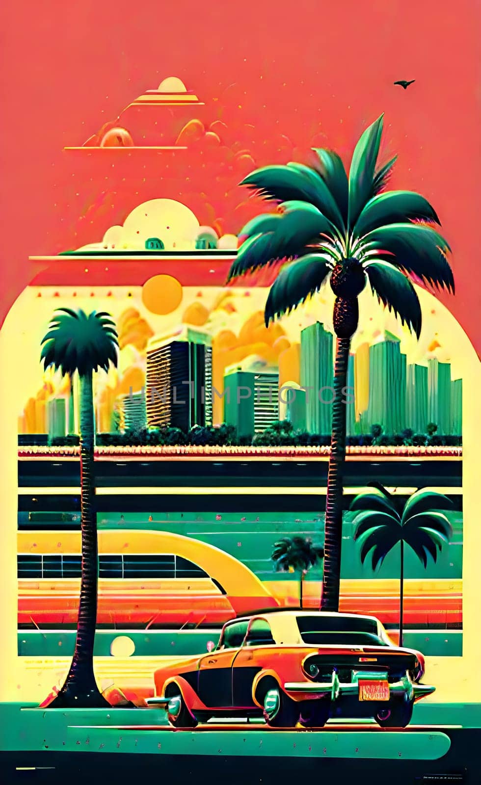 Art drawing - a city with cars and palm trees. Poster in retro style, with retro cars. Landscape of the city of Miami in a hand-drawn style. AI generation