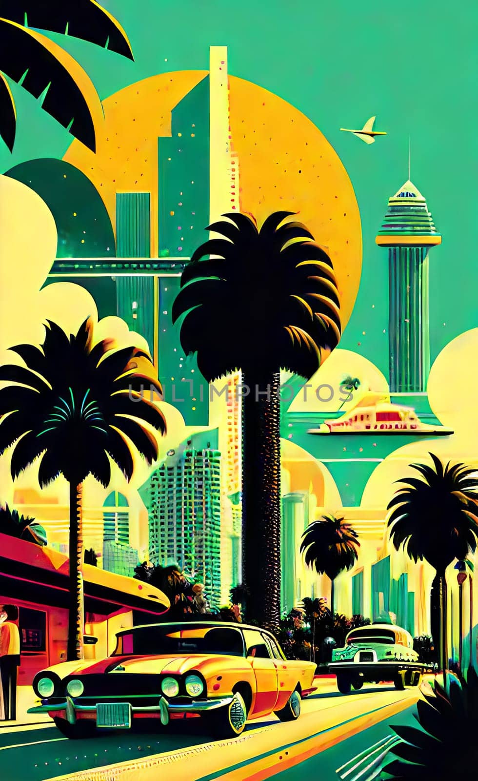 Art drawing - a city with cars and palm trees. Poster in retro style, with retro cars. Landscape of the city of Miami in a hand-drawn style. AI generation