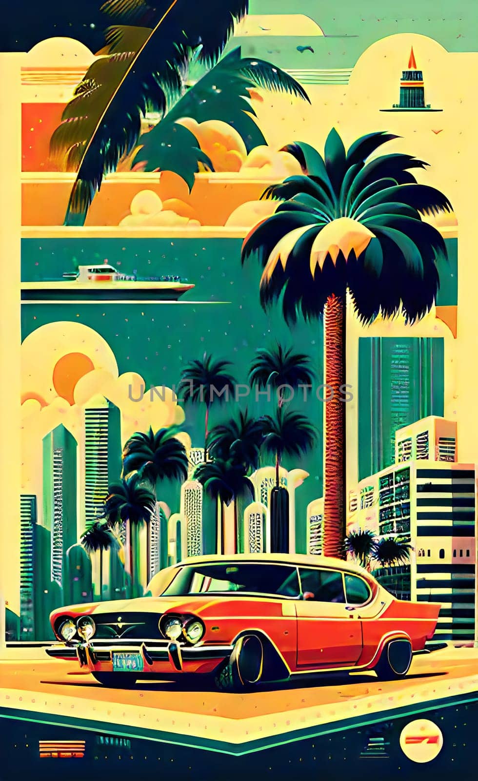 Art drawing - a city with cars and palm trees. Poster in retro style, with retro cars. Landscape of the city of Miami in a hand-drawn style. AI generation