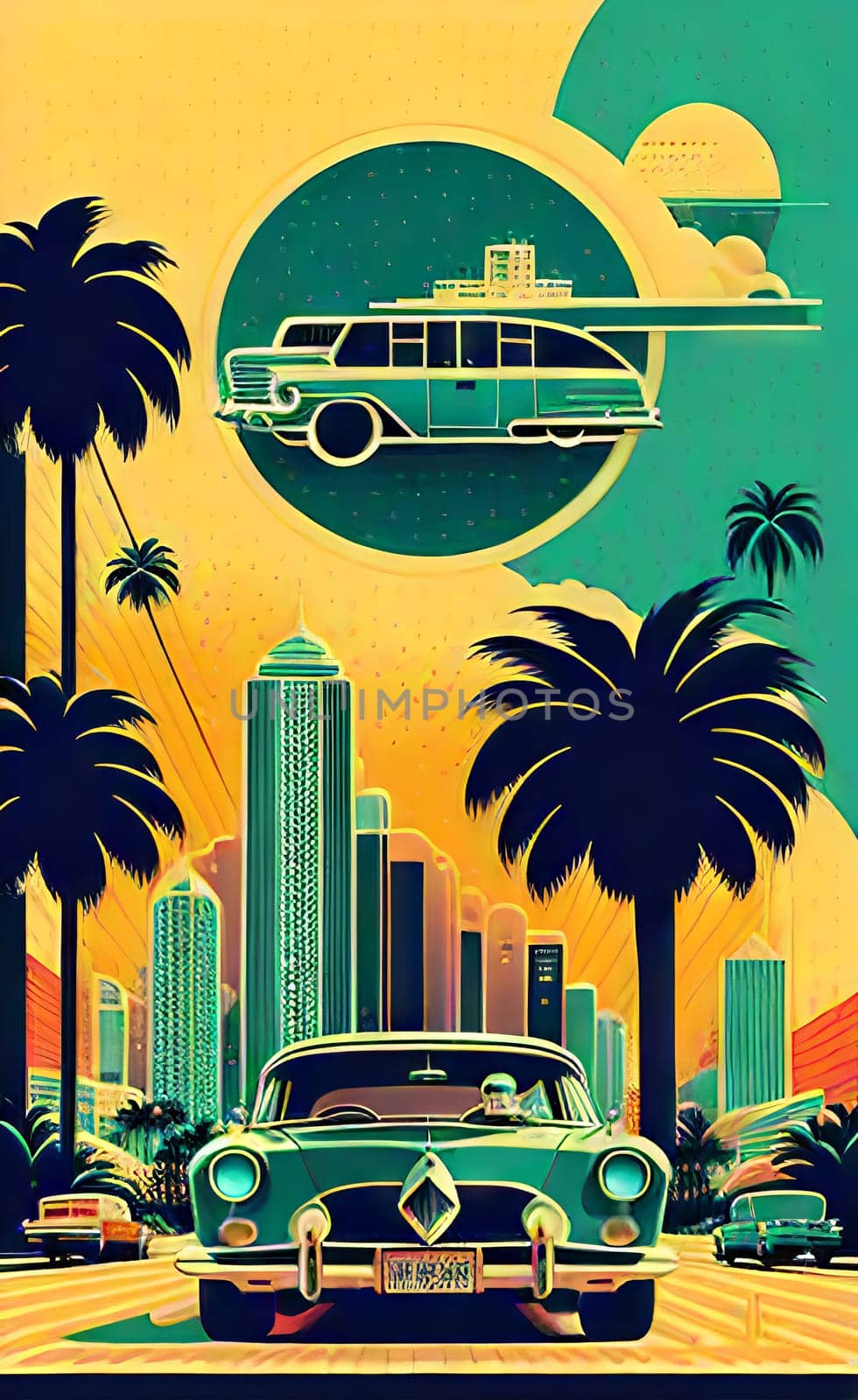 Art drawing - a city with cars and palm trees. Poster in retro style, with retro cars. Landscape of the city of Miami in a hand-drawn style. AI generation