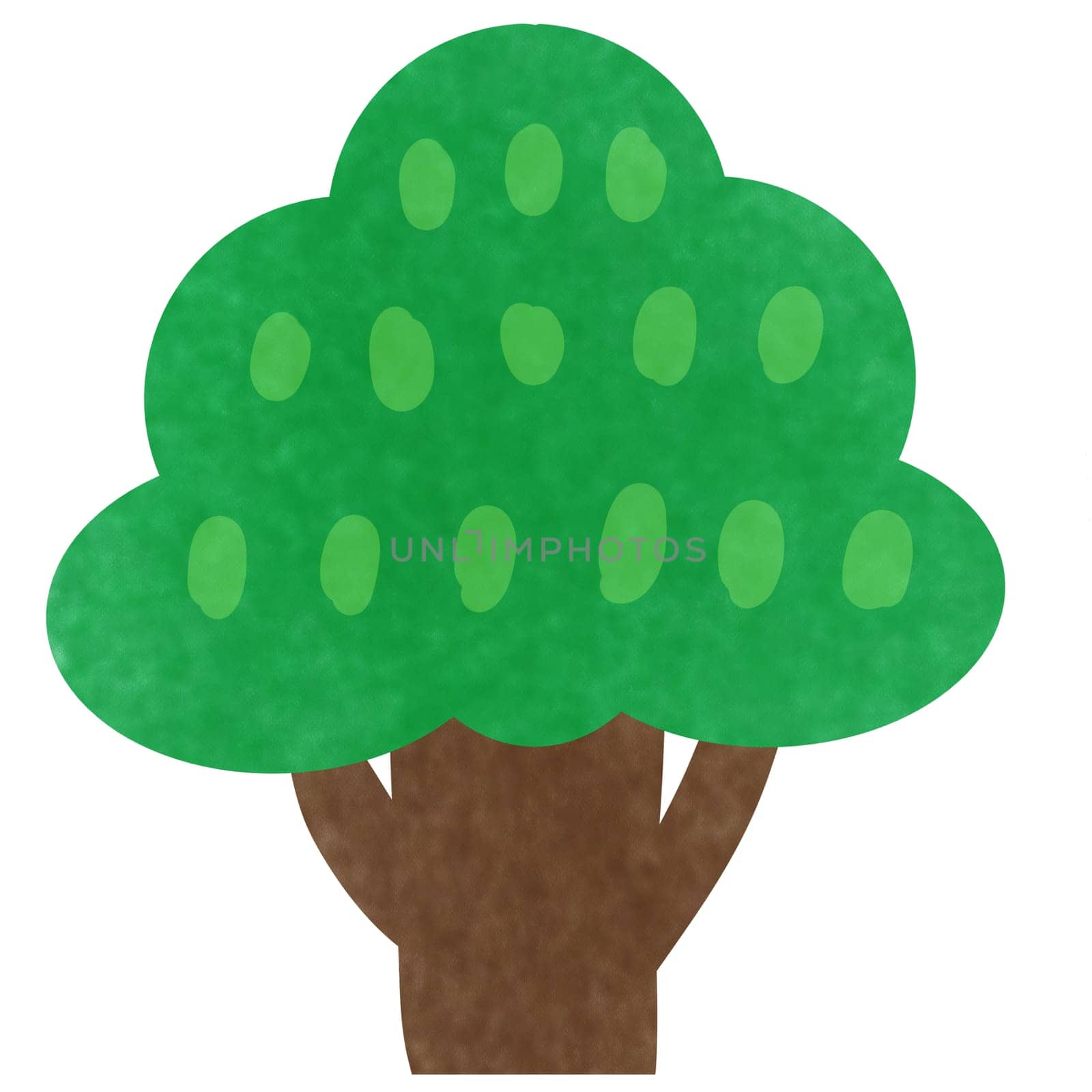 Drawing of green tree on white background for usage as an illustration, nature decoration and springtime concept