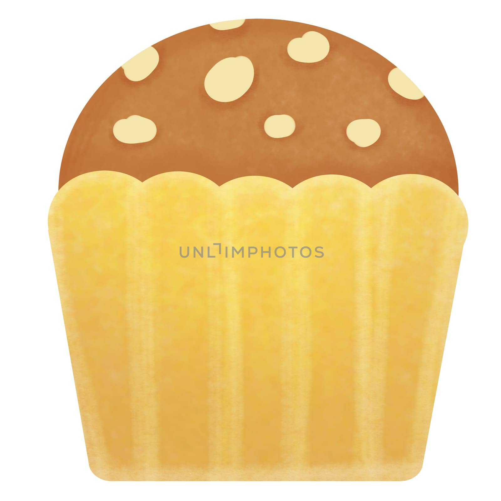 Drawing of banana cupcake with almond topping isolated on white background for usage as an illustration, food, snacks, bakery and eating concept by iamnoonmai