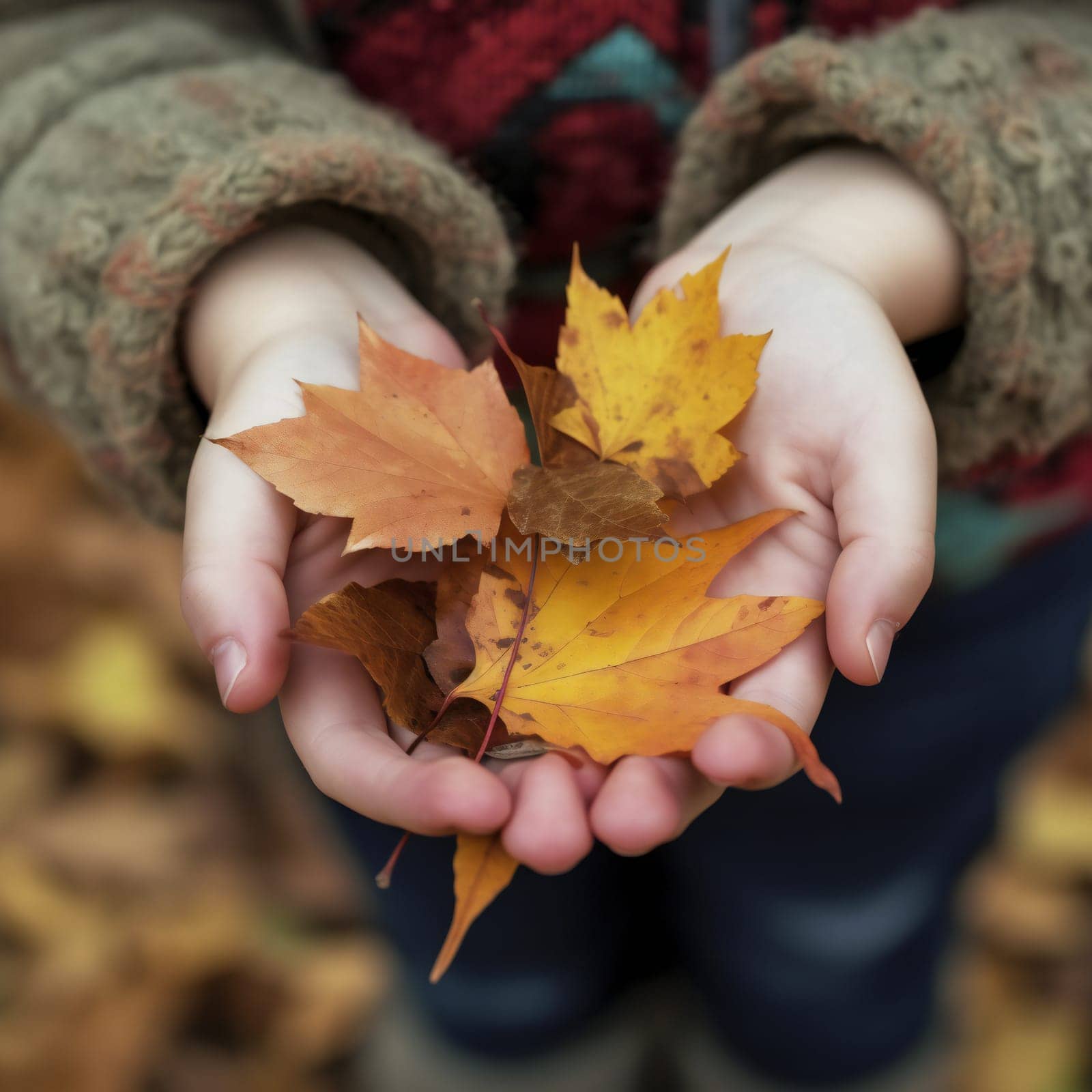 Close-up of a child in holding yellow maple leaves in a Park on a warm autumn day. Generative ai by juliet_summertime