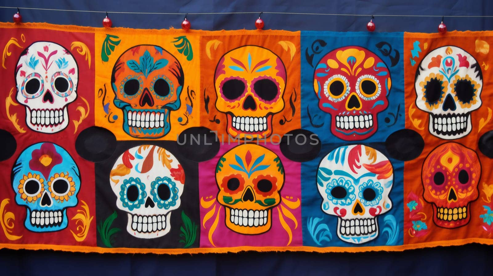 Colored banner for an offering for the Mexican tradition of the Day of the Dead and All Saints with skull shapes. Generative ai by juliet_summertime