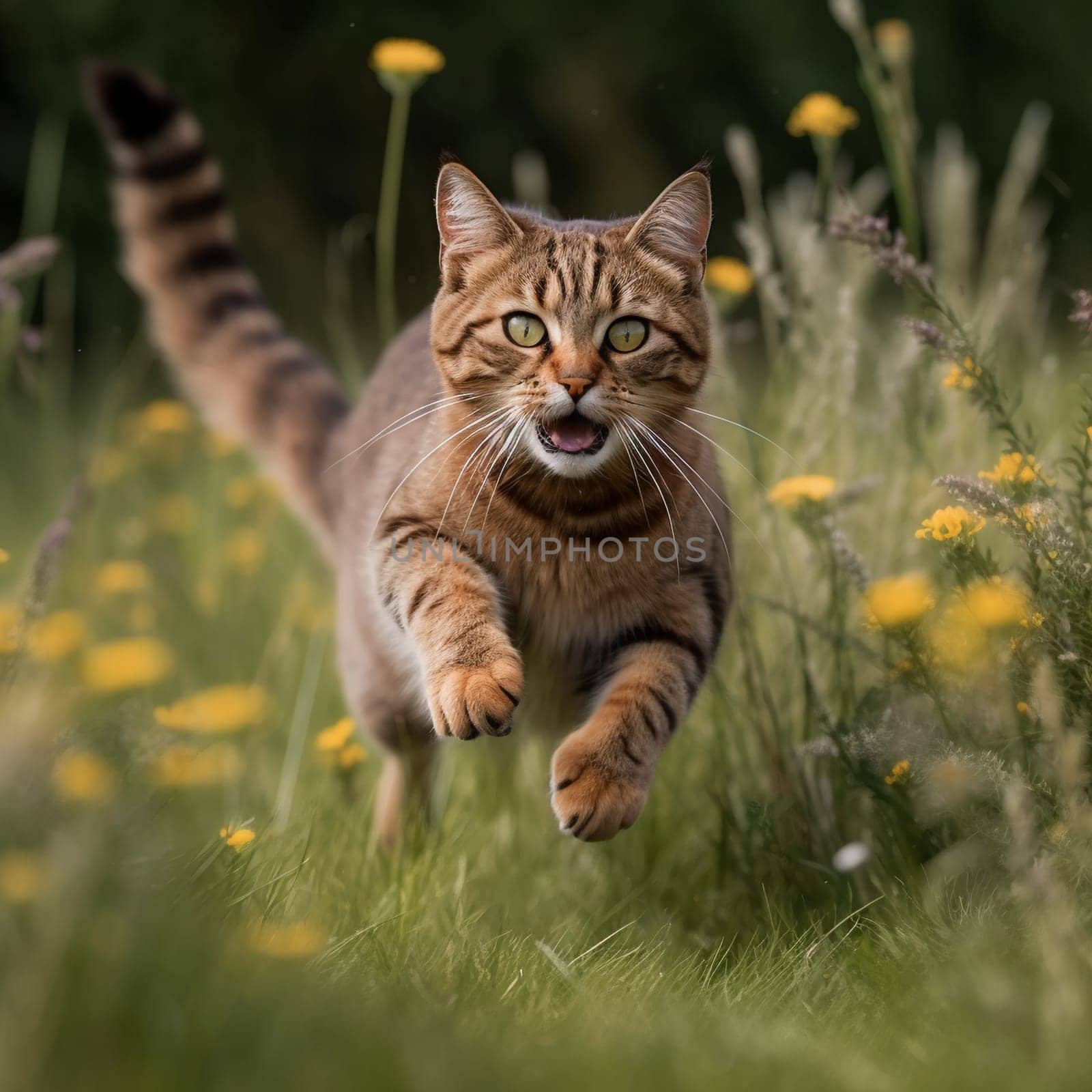 Young cat jumps over a meadow. Generative ai by juliet_summertime