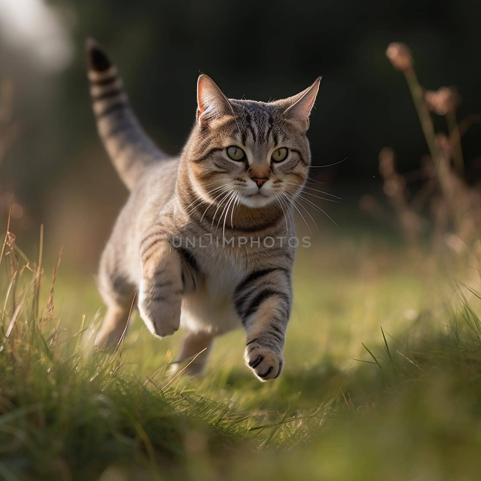 Young cat jumps over a meadow