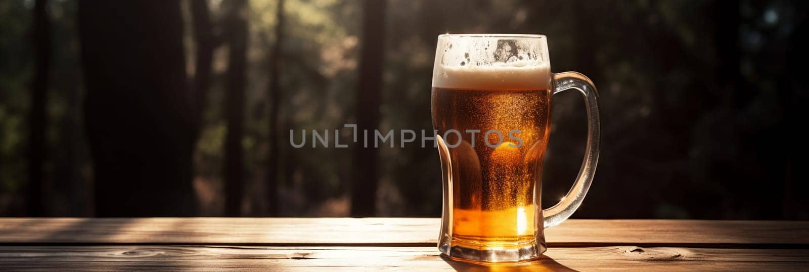 A glass of cold beer on a wooden table. Copy space banner. generative ai by juliet_summertime