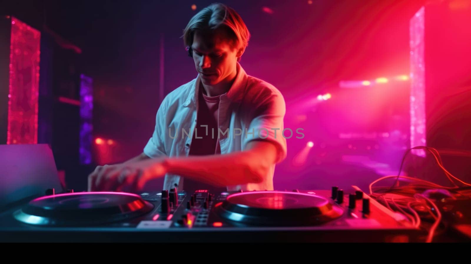 candid an excited DJ young scandinavian man mixing music at turntables with headphones. generative ai AIG32 by biancoblue