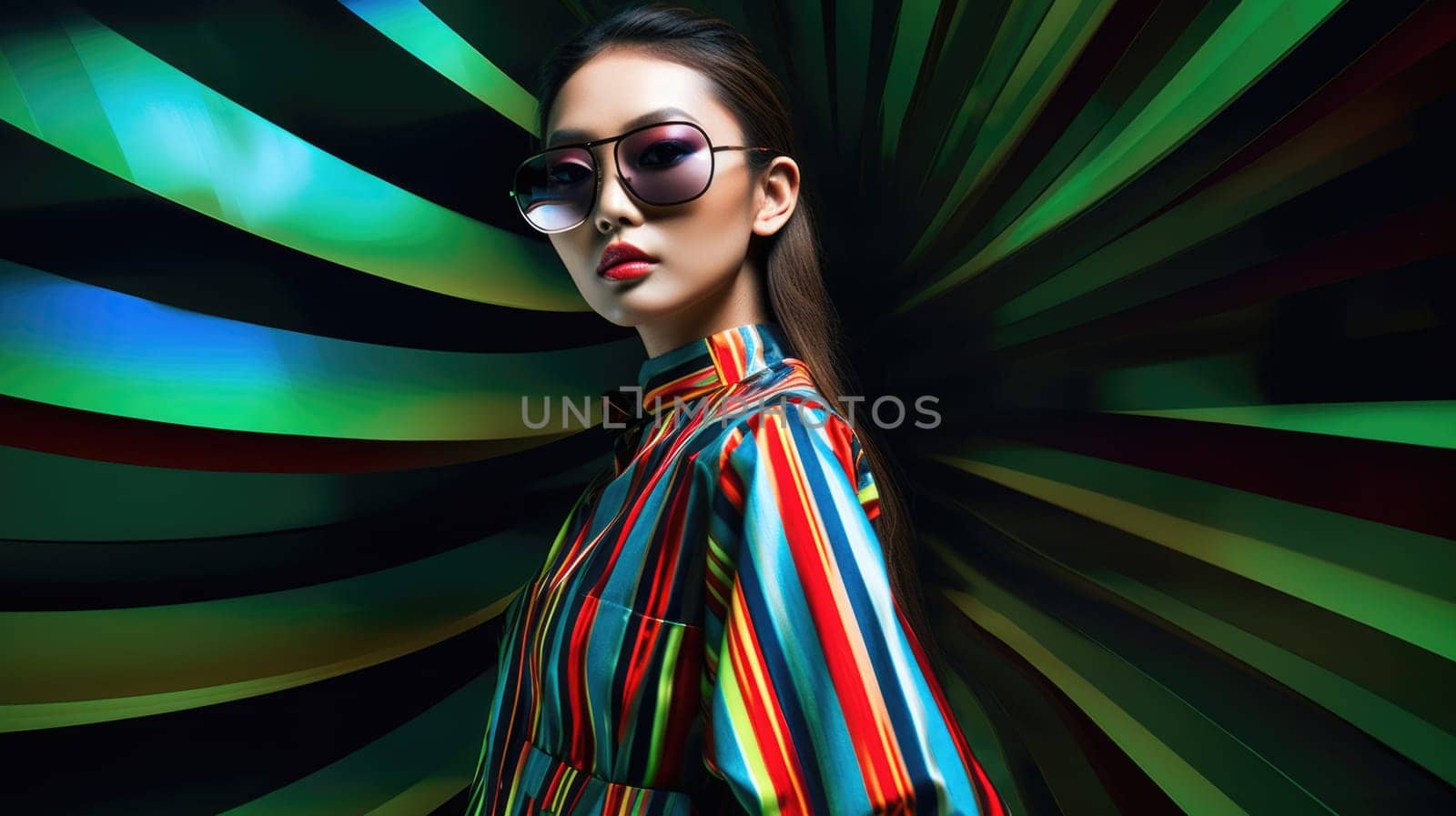 Young female model posing with trendy fashion outfit and colorful optical art abstract background. Picturesque generative AI