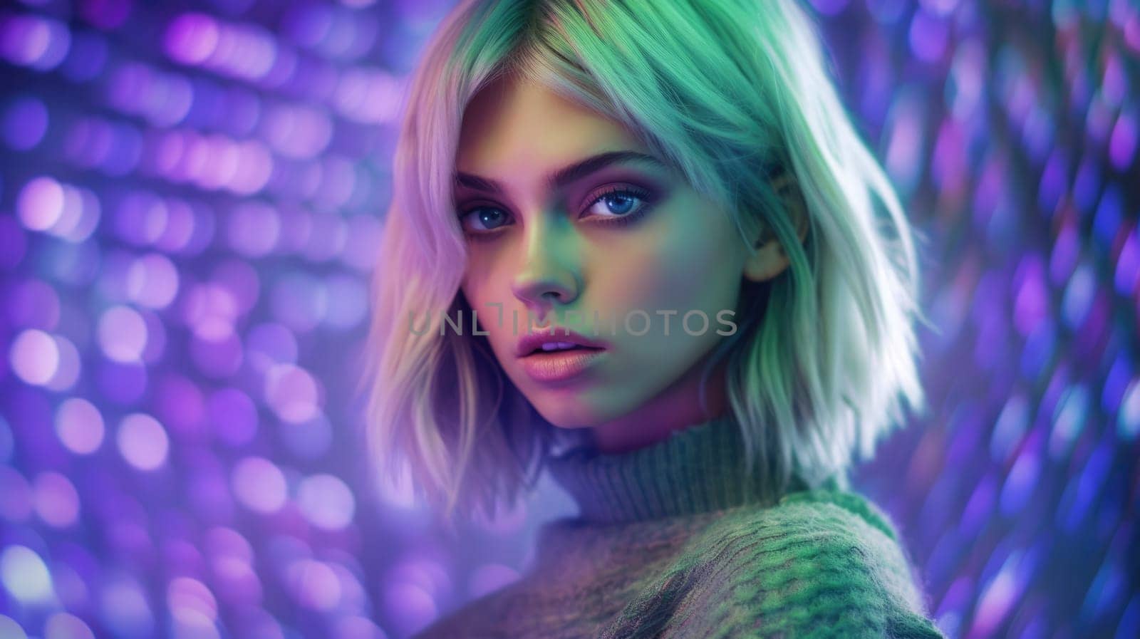Beautiful model with colorful and trendy outfit with glowing purple green neon light, colorful dyed hair and fashionable glitch core teenager girl. Picturesque generative AI