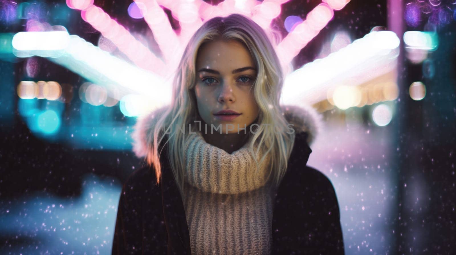 Beautiful model with colorful and trendy outfit with glowing light, colorful dyed hair and fashionable glitch core teenager girl. Picturesque generative AI