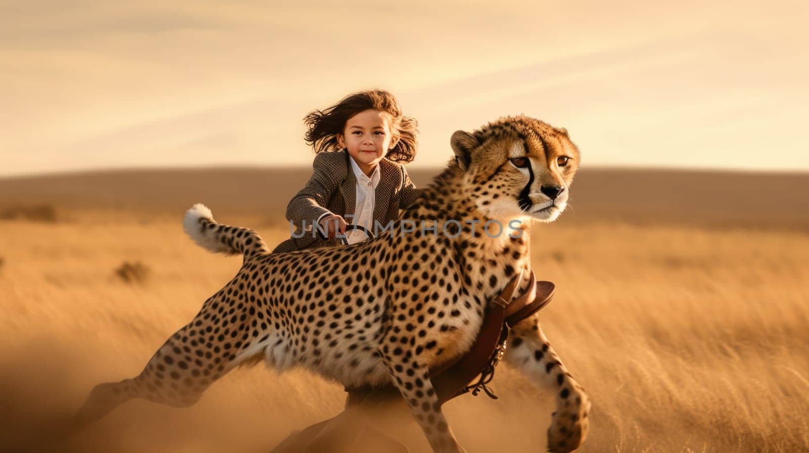 A little boy riding on a cheetah, running fast speed across a vast savannah. Generative AI AIG27. by biancoblue