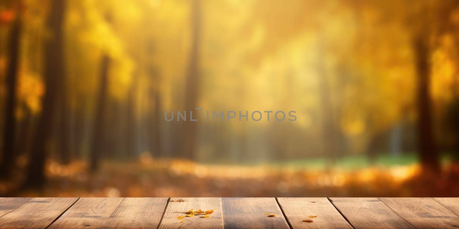 The empty rustic wooden table for product display with blur background of autumn forest. Exuberant. by biancoblue