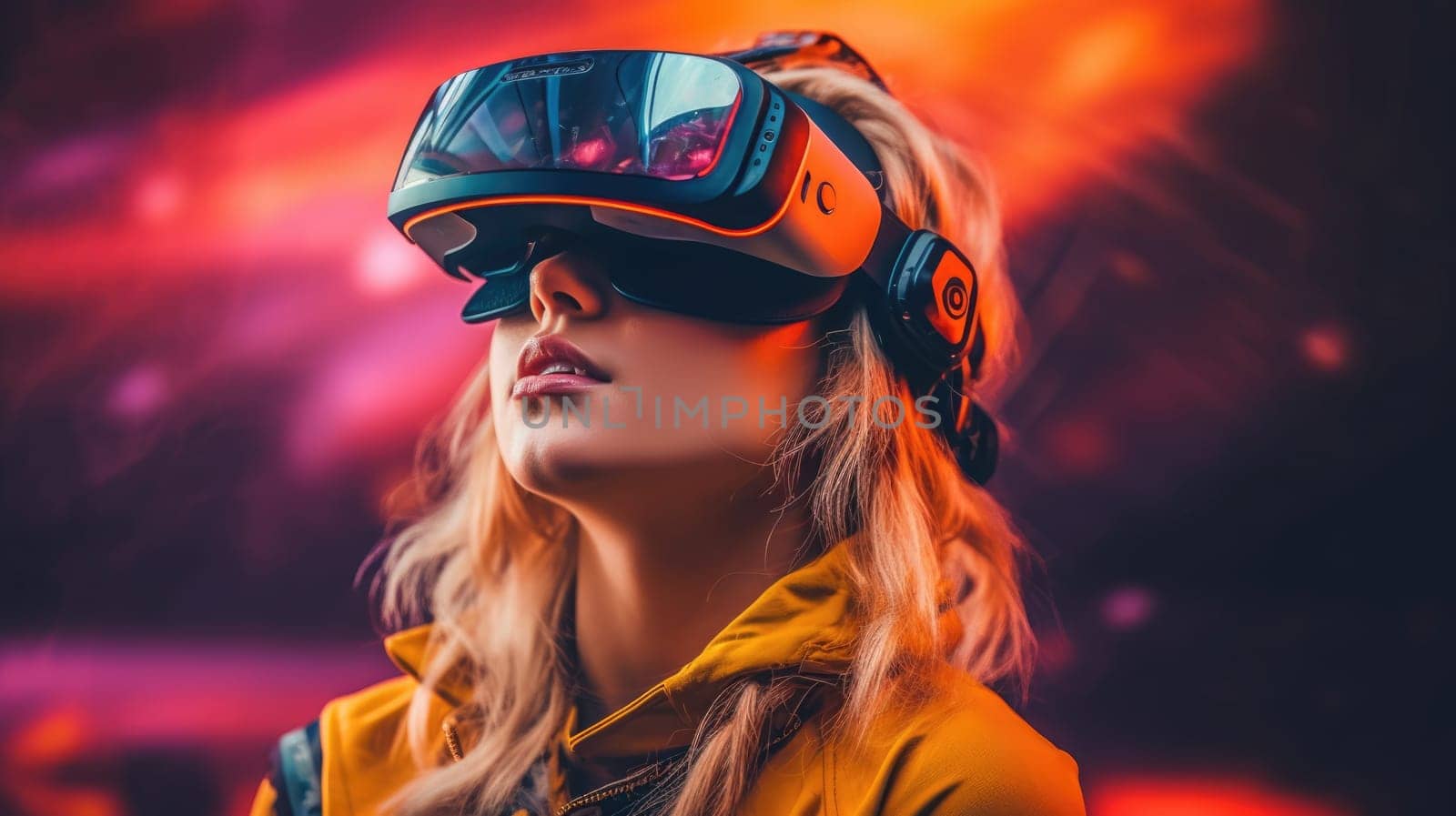 Beautiful model with colorful and trendy outfit with glowing colorful light, colorful dyed hair and fashionable glitch core teenager girl wearing VR. Picturesque generative AI
