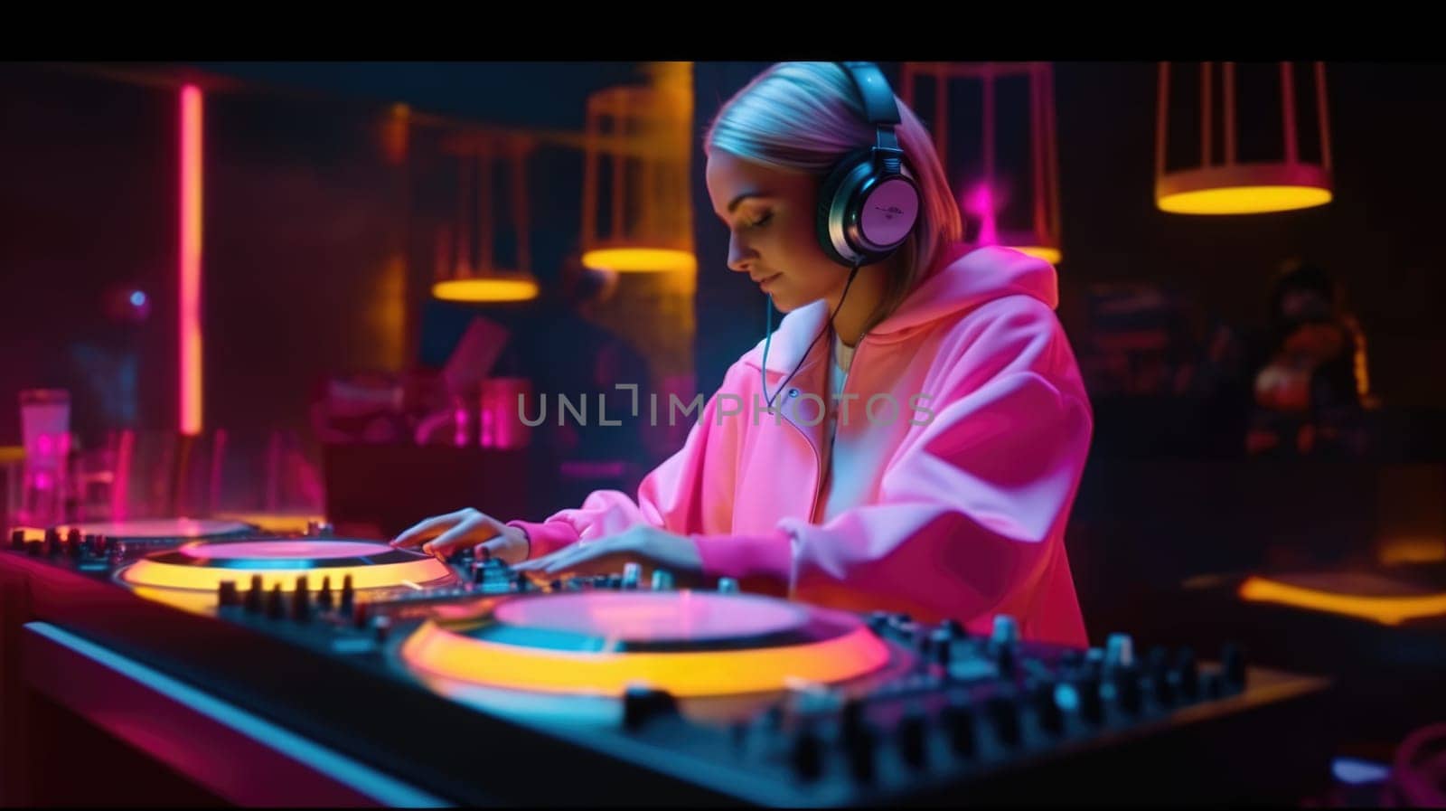 candid an excited DJ young scandinavian woman mixing music at turntables with headphones. beautiful Generative AI AIG32