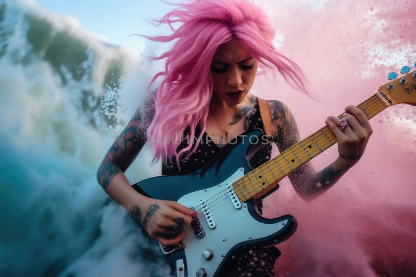 Punk girl with pink hair style playing guitar with passionate. Picturesque by biancoblue