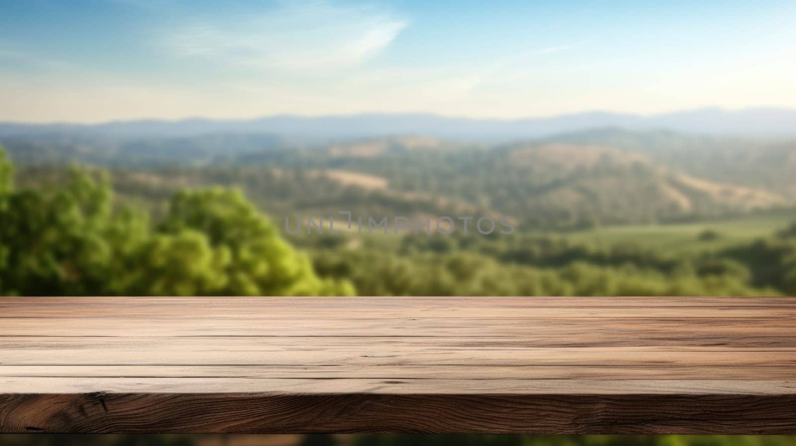 The empty wooden brown table top with blur background of Napa hill landscape. Exuberant image.