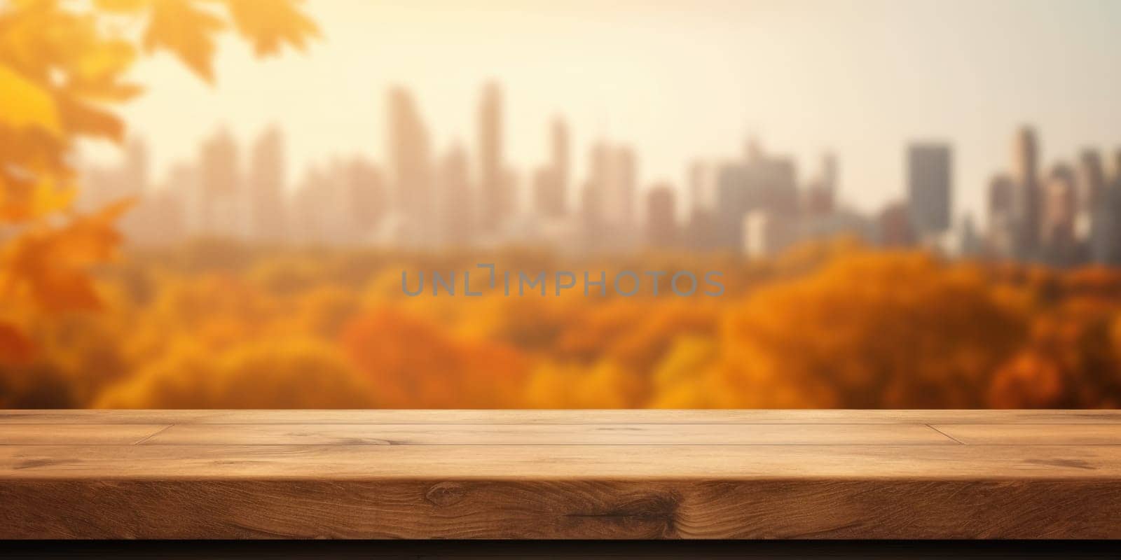 The empty wooden table top with blur background of nature skyline in autumn. Exuberant image.