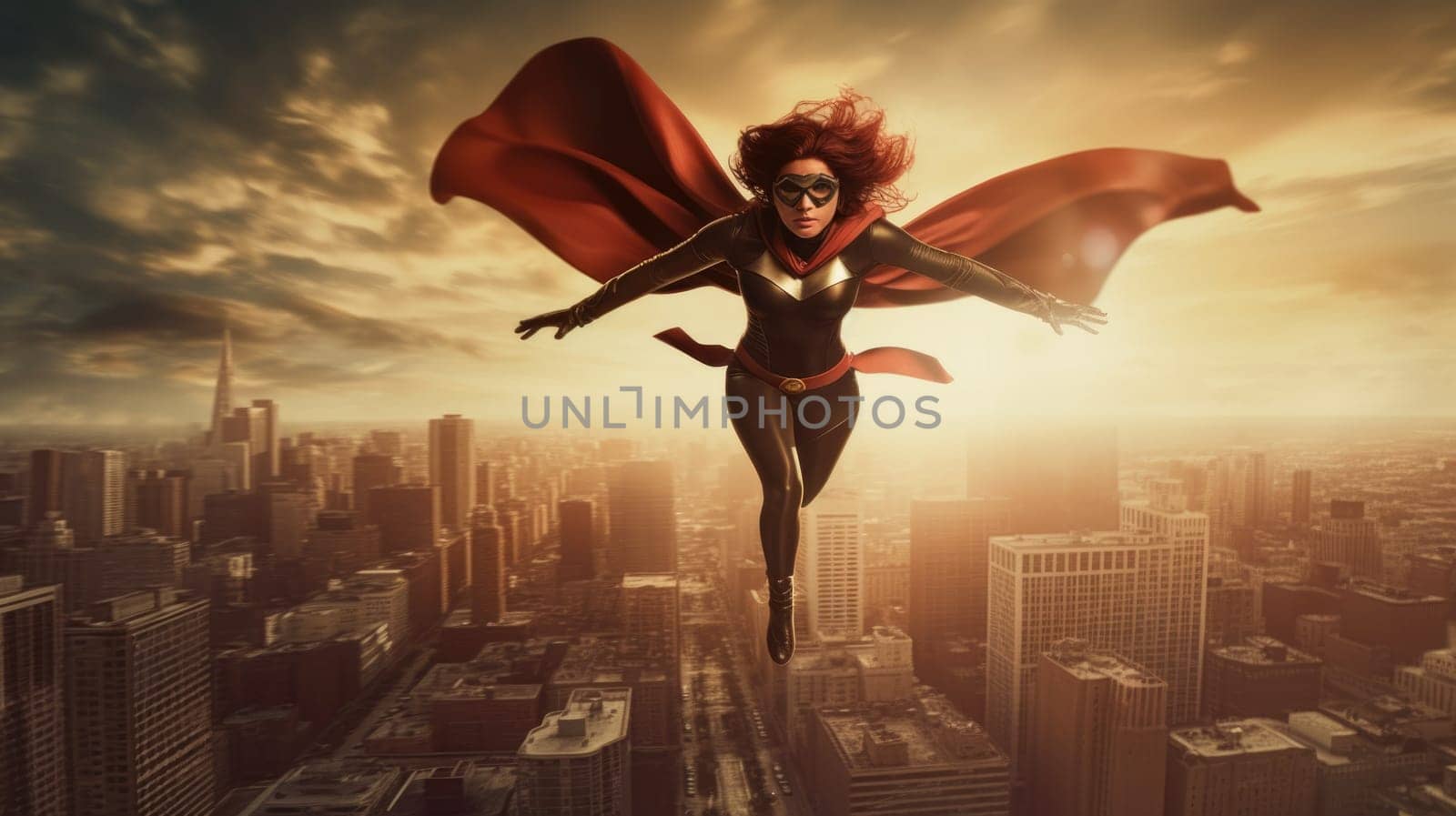 Superhero woman with red cape fly over city with superhero gesture. Picturesque by biancoblue