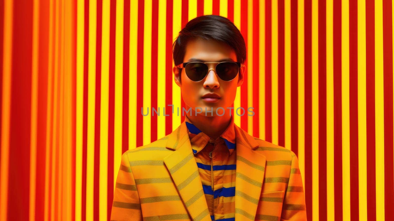 Young male model posing with trendy man fashion outfit and colorful orange optical art abstract background. Picturesque generative AI