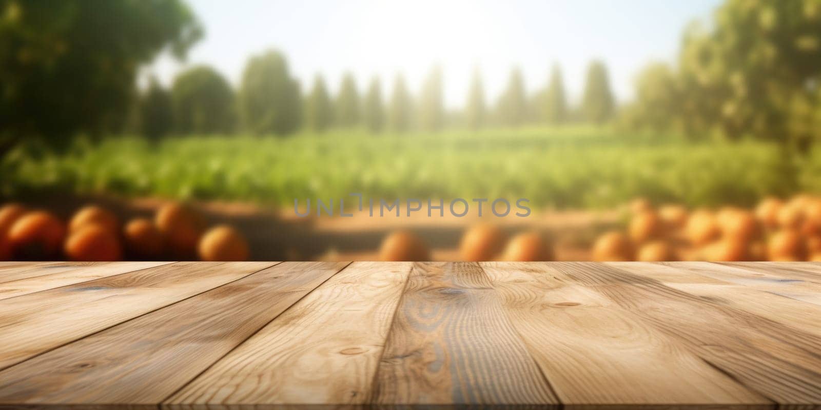 The empty wooden brown table top with blur background of farm. Exuberant image.