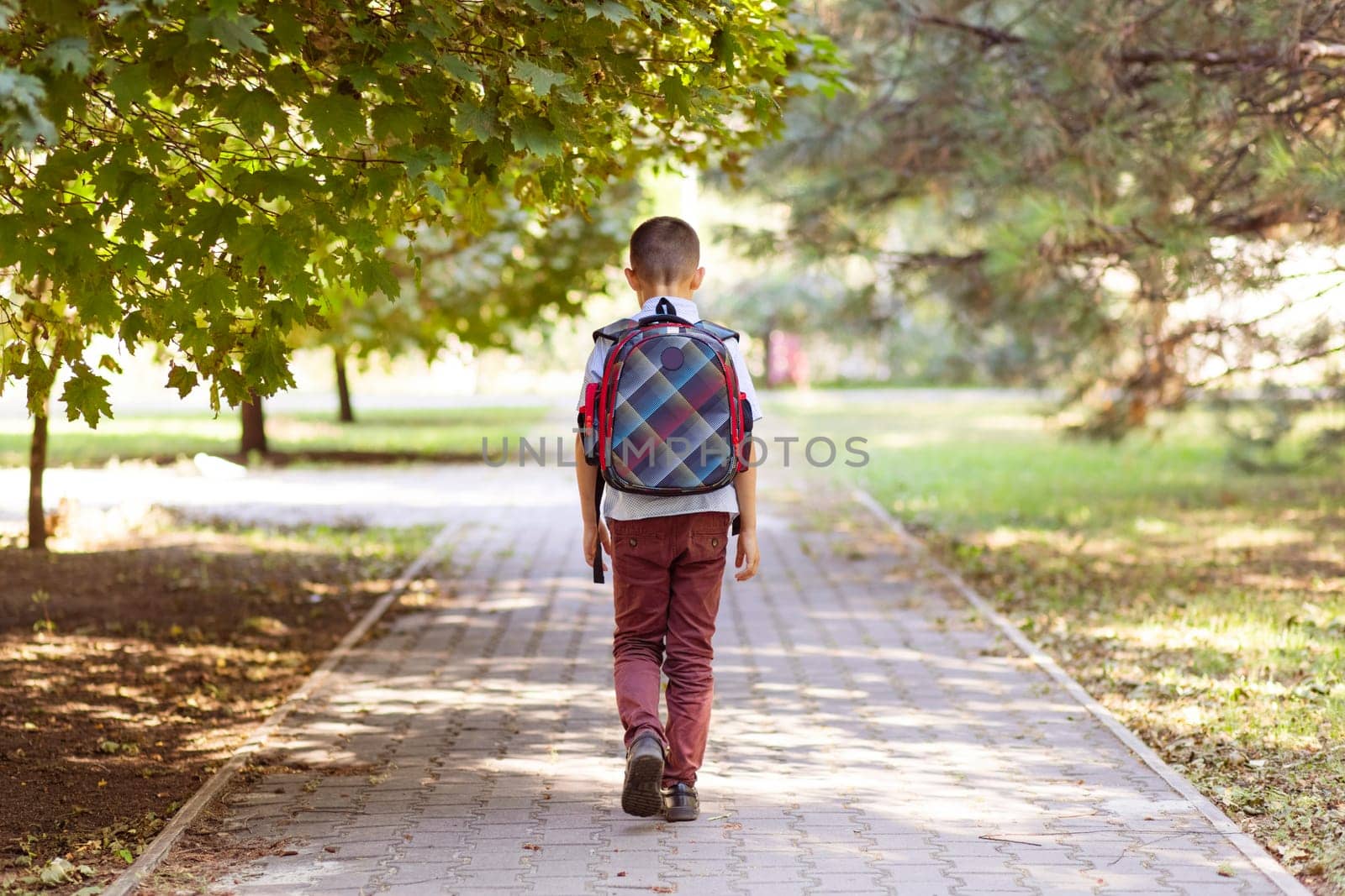 A schoolboy with a backpack going to school outdoors. Back to school.