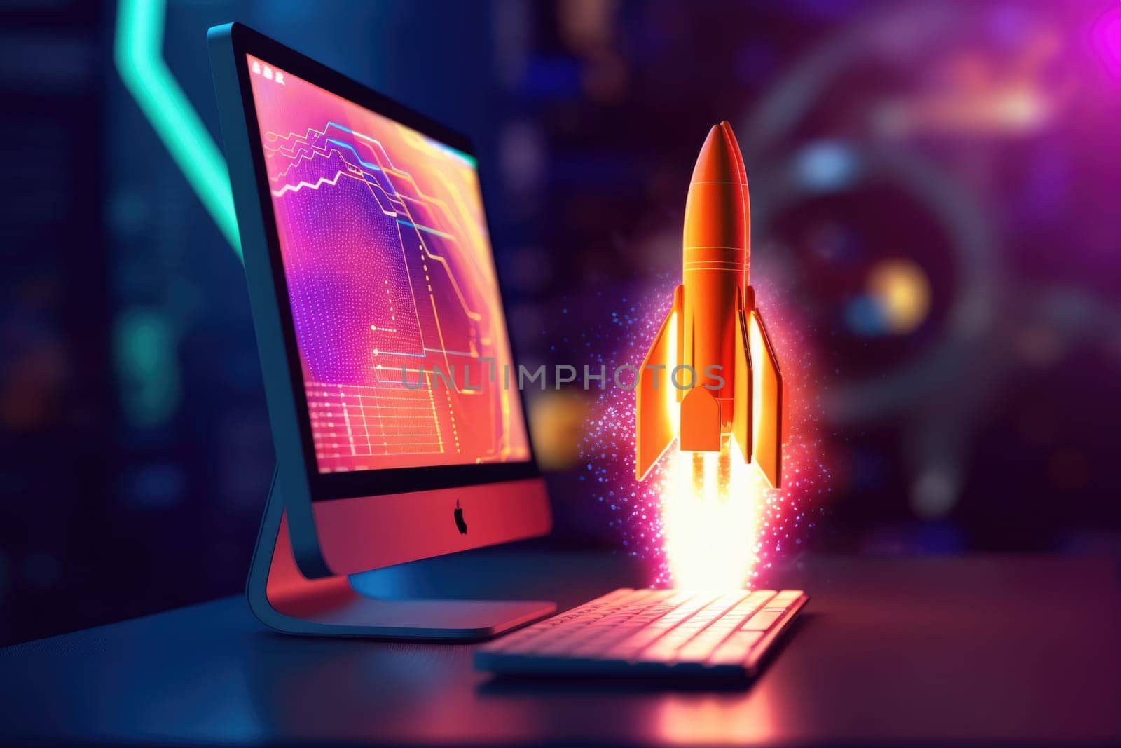 Rocket coming out of desktop computer screen , neon light. generative ai AIG32 by biancoblue