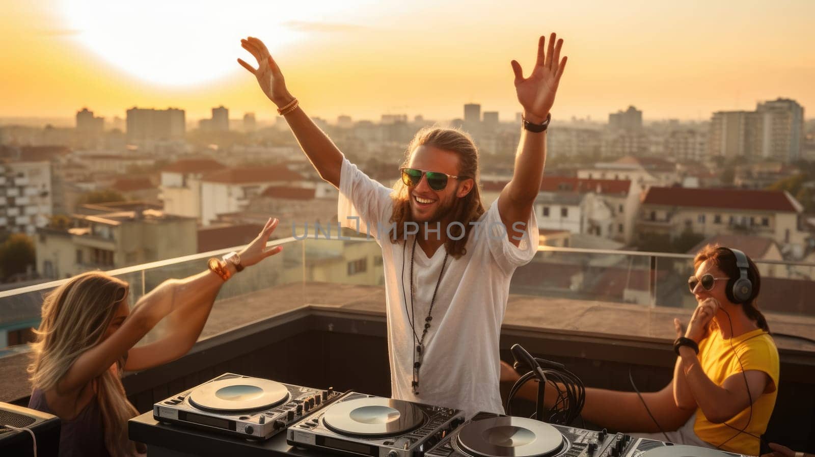The front view of happy male dj on rooftop with people and the view of skyscraper in sunset. Generative AI AIG30.