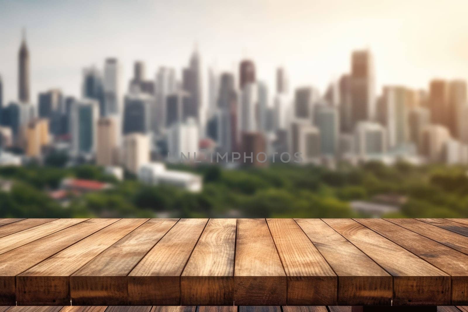 The empty wooden table top with blur background of downtown business district. Exuberant image.