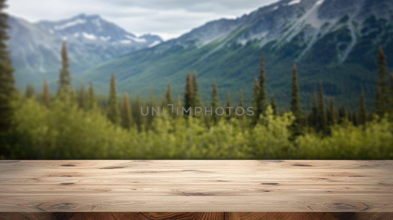 The empty wooden table top with blur background of Alaska nature. Exuberant image.