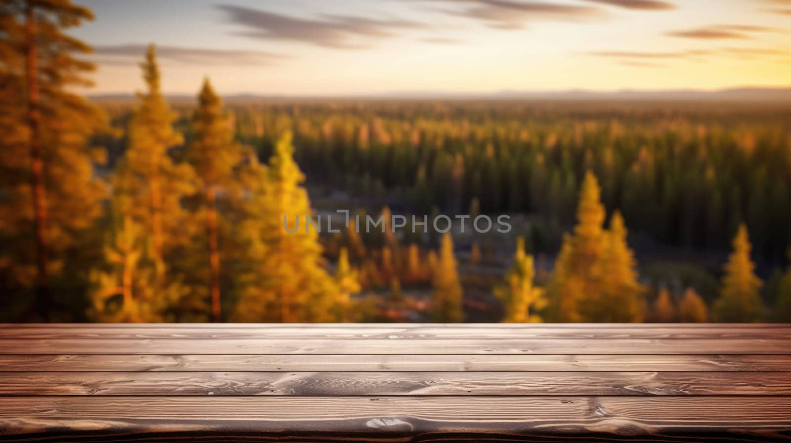 The empty wooden brown table top with blur background of Finland nature. Exuberant image.
