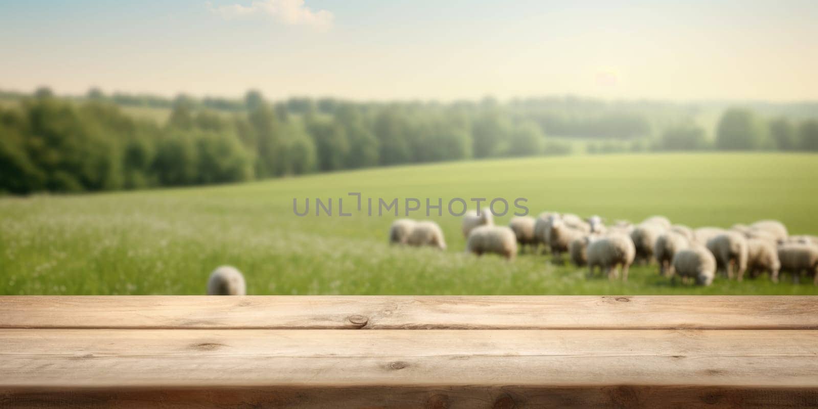 The empty wooden brown table top with blur background of sheep pasture. Exuberant image.
