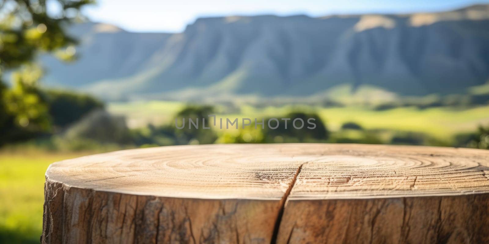 The empty wooden brown table top with blur background of New Zealand nature. Generative AI image AIG30.