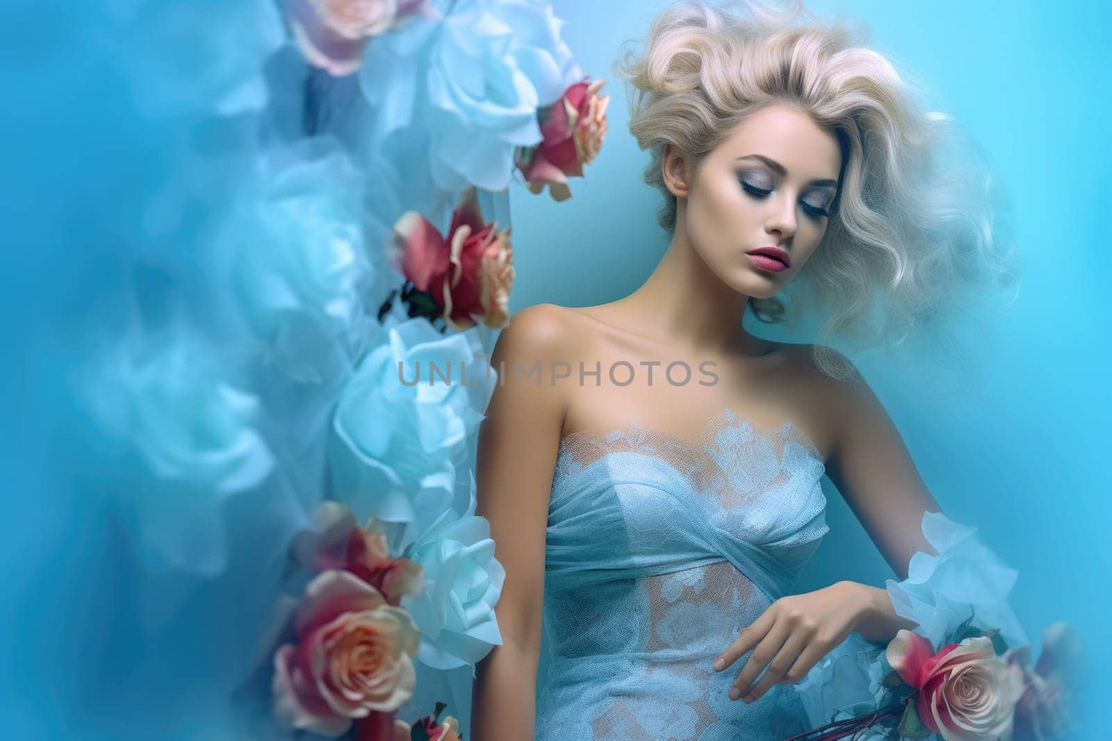 Surreal full-body fashion photograph of a very beautiful Elsa in love with a sweet gentle smile. Generative AI AIG27. by biancoblue