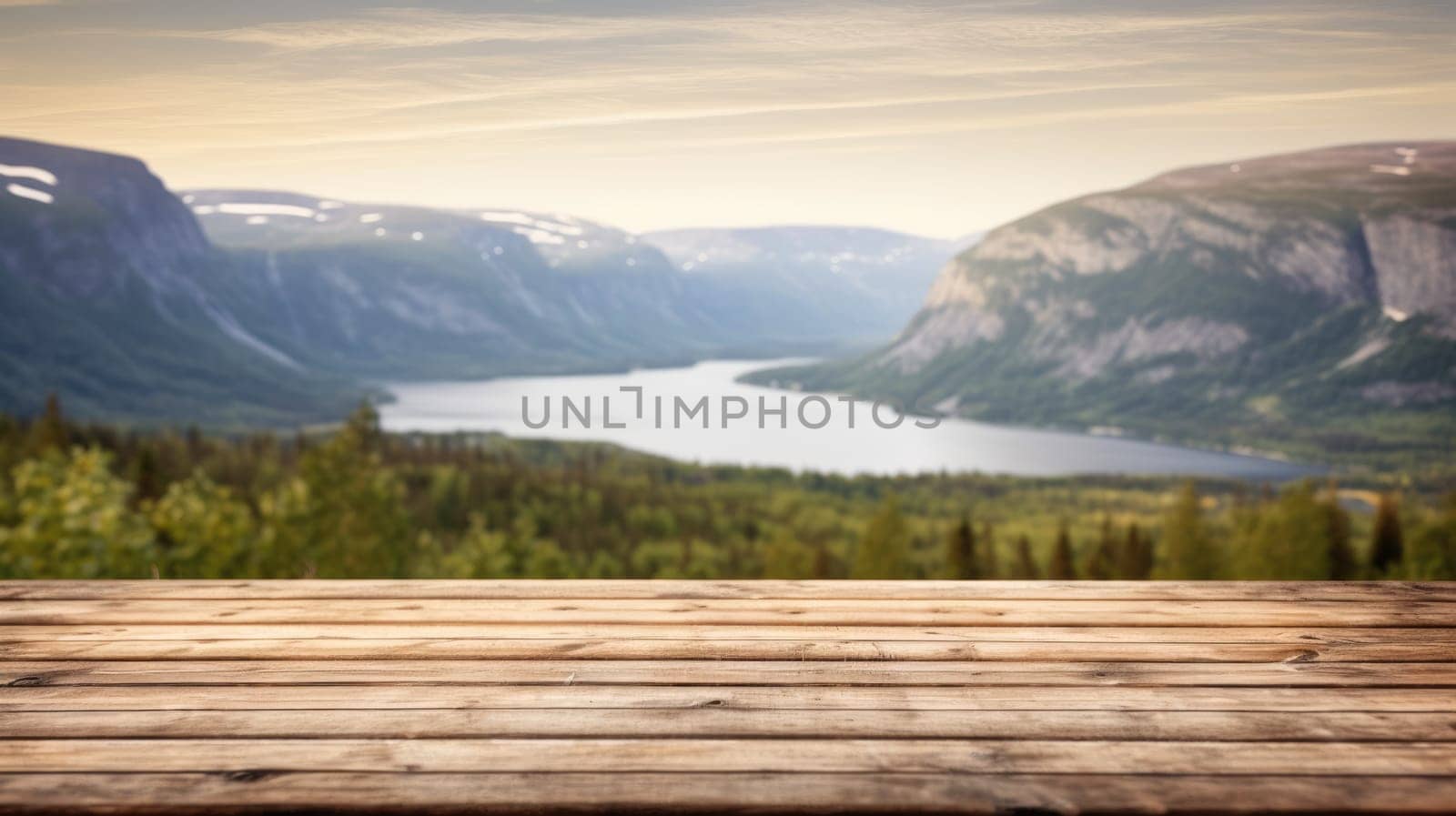 The empty wooden brown table top with blur background of Norway nature landscape. Exuberant image.
